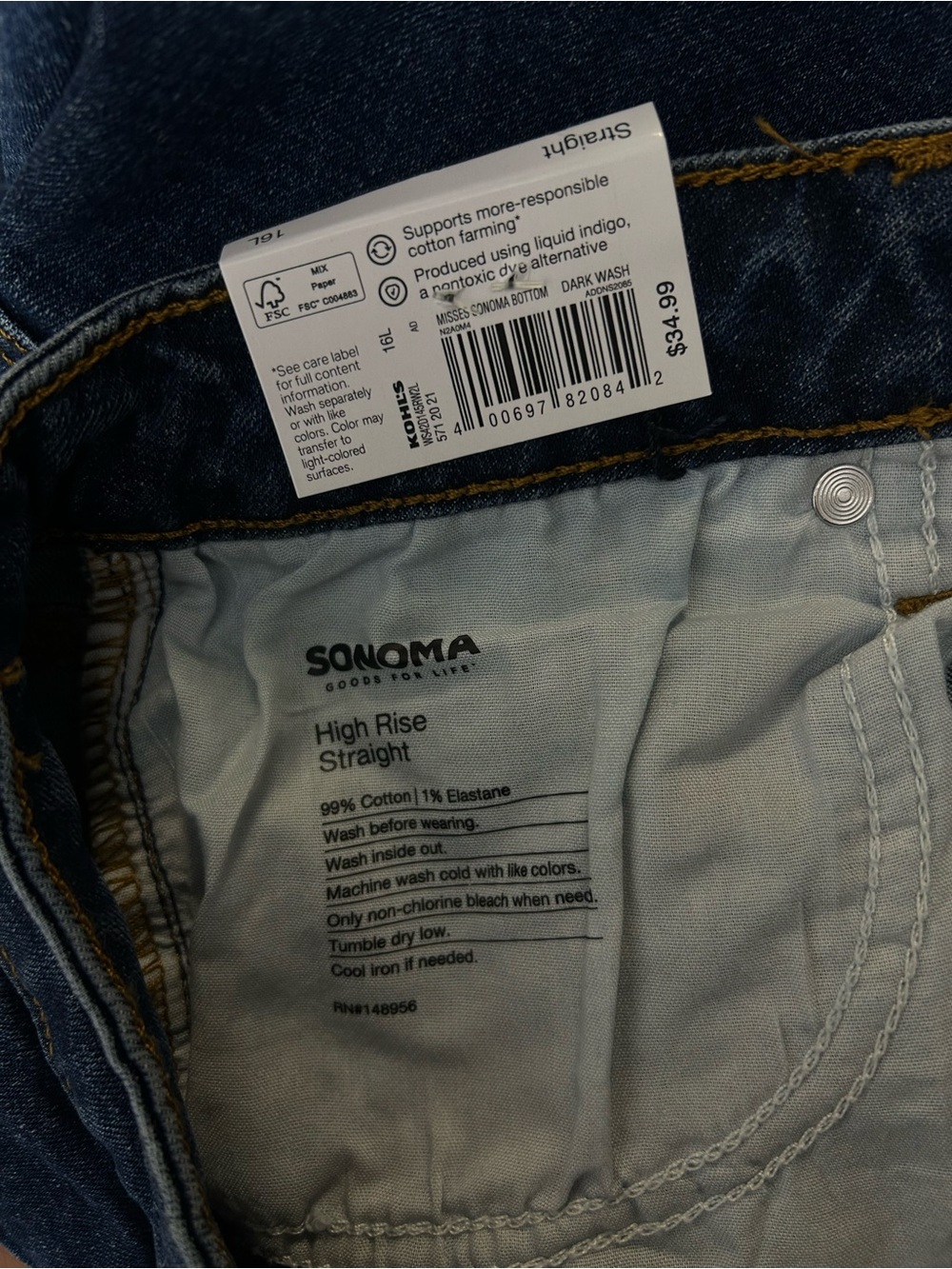 New! Sonoma Goods For Life High Rise Straight Leg Jeans Womens Size 16 Long - Picture 5 of 6